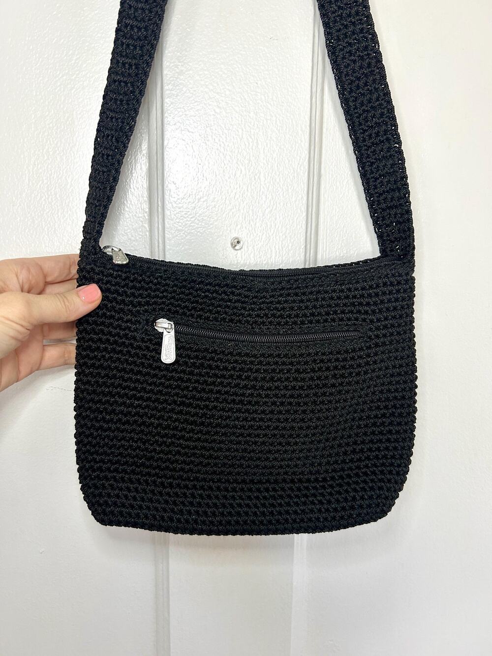 1990s Black Woven Shoulder Bag | Vintage The Sak Minimalist Boho Shoulder Purse